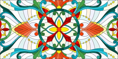 İllüstrasyon soyut swirls, vitray tarzında çiçekler ve hafif bir arka plan üzerinde yatay yönlendirme bırakır