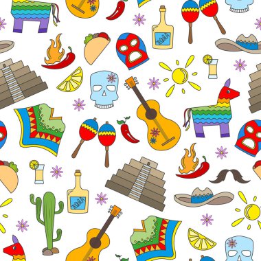 Meksika, beyaz arka plan üzerinde renkli simgeler ülkenin eğlence konulu seamless modeli