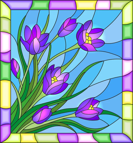 Illustration en style vitrail avec bouquet de crocus sur fond bleu dans le cadre — Image vectorielle