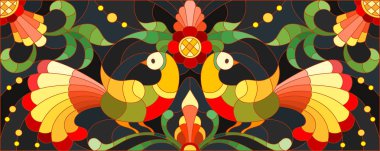 Vitray stil kuşlar, çiçekler ve desenler karanlık bir arka plan, yatay imge, Khokhloma boyama taklit bir çift ile resimde