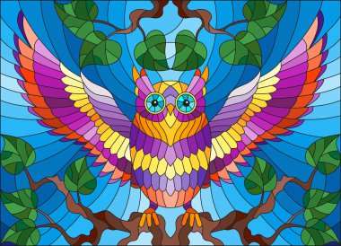 Bir ağaç dalı gökyüzüne karşı oturup muhteşem renkli baykuş stiliyle vitray çizimde