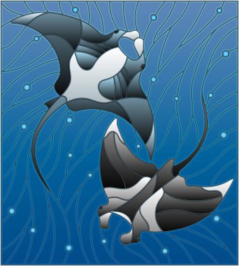 Illustration in the style of stained glass with two manta rays manta rays on the background of water and air bubbles clipart