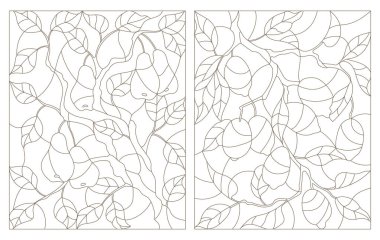 Vitray, bir limon ağacı ve olgunlaşmış meyve ile armut ağacı dalı kontur illüstrasyonlar ayarla