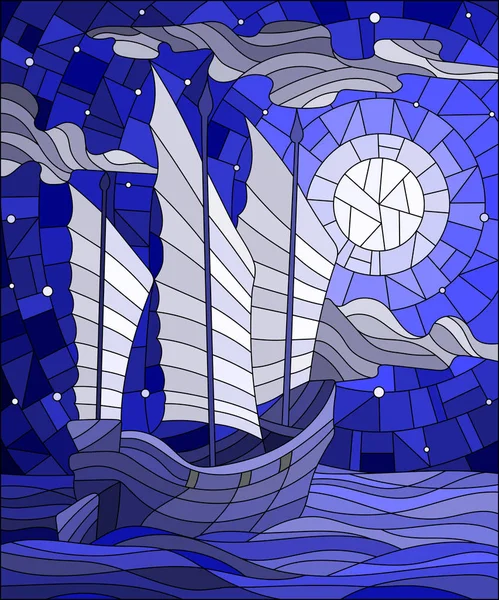 Ilustração em estilo vitral o navio oriental com velas brancas no fundo do céu, sol e oceano, tom azul — Vetor de Stock