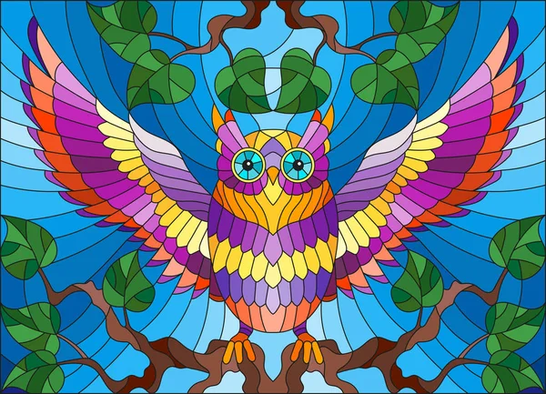 Illustration en vitrail avec un hibou fabuleux et coloré assis sur une branche d'arbre contre le ciel — Image vectorielle