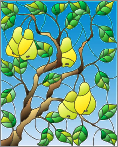 梨の木の枝とステンド グラスの窓のスタイルの図では、果実は枝や葉は空を背景 — ストックベクタ