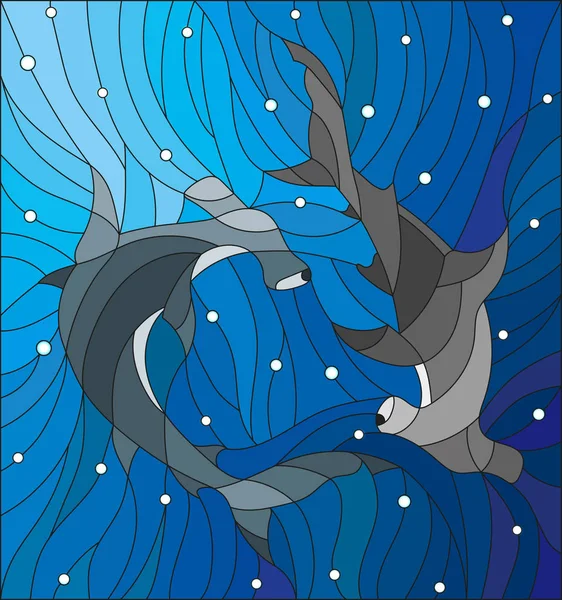 Illustration im Stil der Glasmalerei mit zwei Fischhämmern auf dem Hintergrund von Wasser und Luftblasen — Stockvektor