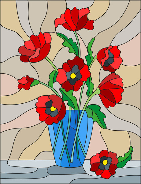Illustration in stained glass style with bouquets of red poppies flowers in a blue vase on table on beige background