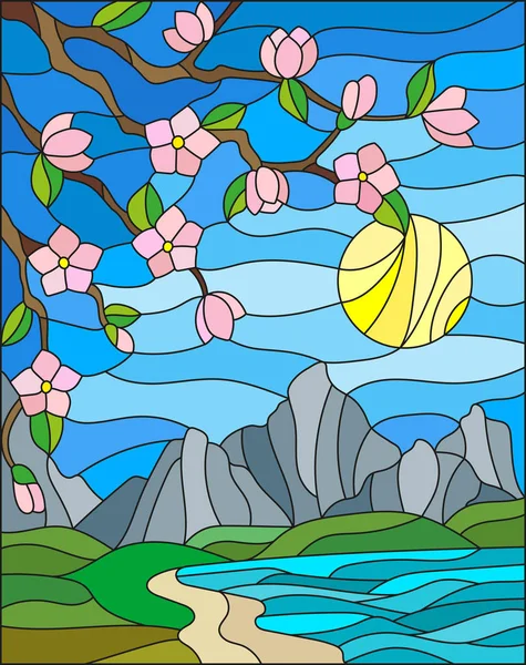 Ilustración en estilo vitral con flores de cerezo sobre un fondo de montañas, cielo, sol y mar — Vector de stock
