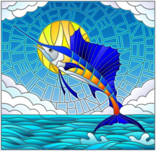 Ilustración en estilo vitral con un velero de pescado sobre el fondo de agua, nube, cielo y sol — Vector de stock