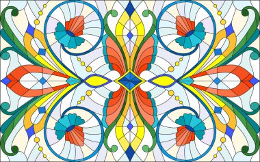 İllüstrasyon soyut swirls, vitray tarzında çiçekler ve hafif bir arka plan üzerinde yatay yönlendirme bırakır