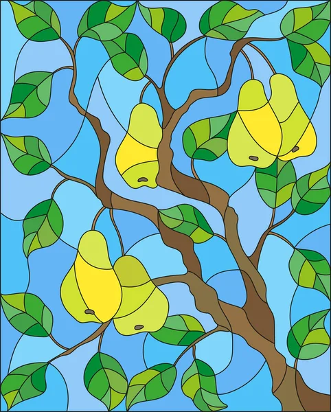 Illustrasjon i form av et glassmaleri med grener av pæretre, fruktgrener og blader mot himmelen – stockvektor