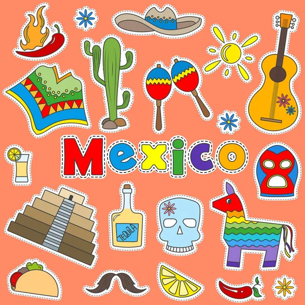 Ilustración con un conjunto de parches de iconos sobre el tema de los viajes en México — Vector de stock