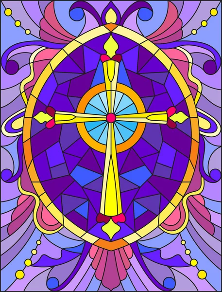 Ilustración en estilo vitral con una cruz amarilla sobre fondo púrpura con motivos y remolinos — Vector de stock
