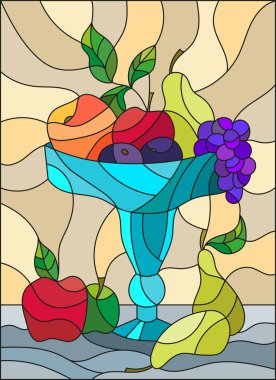 Vitray tarzı natürmort, meyve ve çilek mavi bir vazoda ile resimde