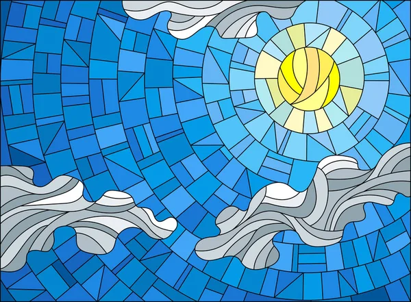 Ilustração em estilo vitral sol e nuvens no fundo do céu azul —  Vetores de Stock