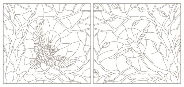 Conjunto de ilustraciones de contorno de vidrieras con pájaros — Vector de stock