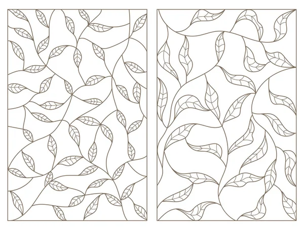 Set contour illustrations de vitraux avec des branches et des feuilles — Image vectorielle