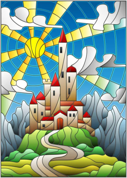 Ilustração em paisagem estilo vitral com castelo velho no fundo do céu, sol e montanhas —  Vetores de Stock