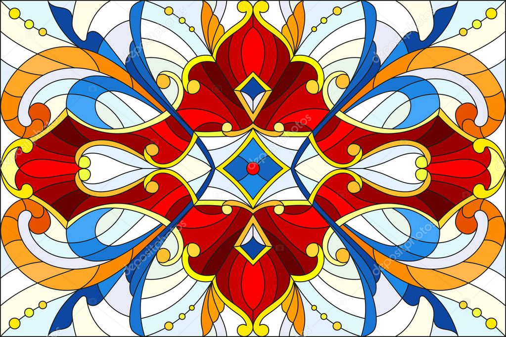 Illustration in stained glass style with abstract  swirls,flowers and leaves  on a light background,horizontal orientation