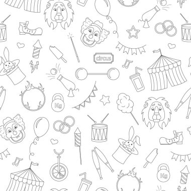 Sirk, basit kontür simgeler, beyaz arka planda siyah kontur konulu seamless modeli