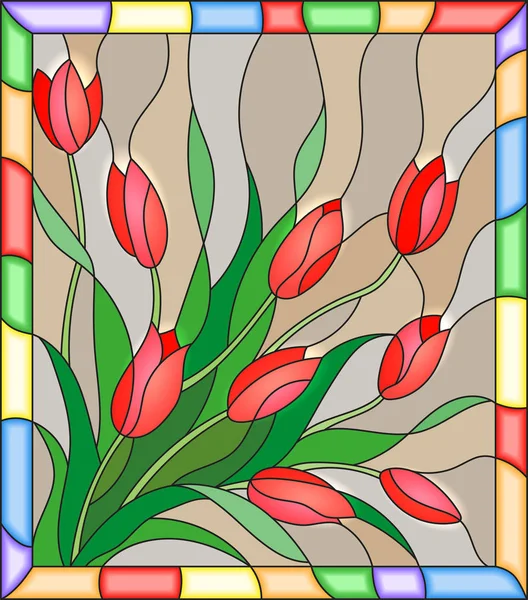 Illustration en style vitrail avec un bouquet de tulipes rouges sur fond beige dans le cadre — Image vectorielle