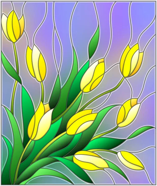 Ilustración en estilo vitral con un ramo de tulipanes amarillos sobre fondo púrpura — Vector de stock
