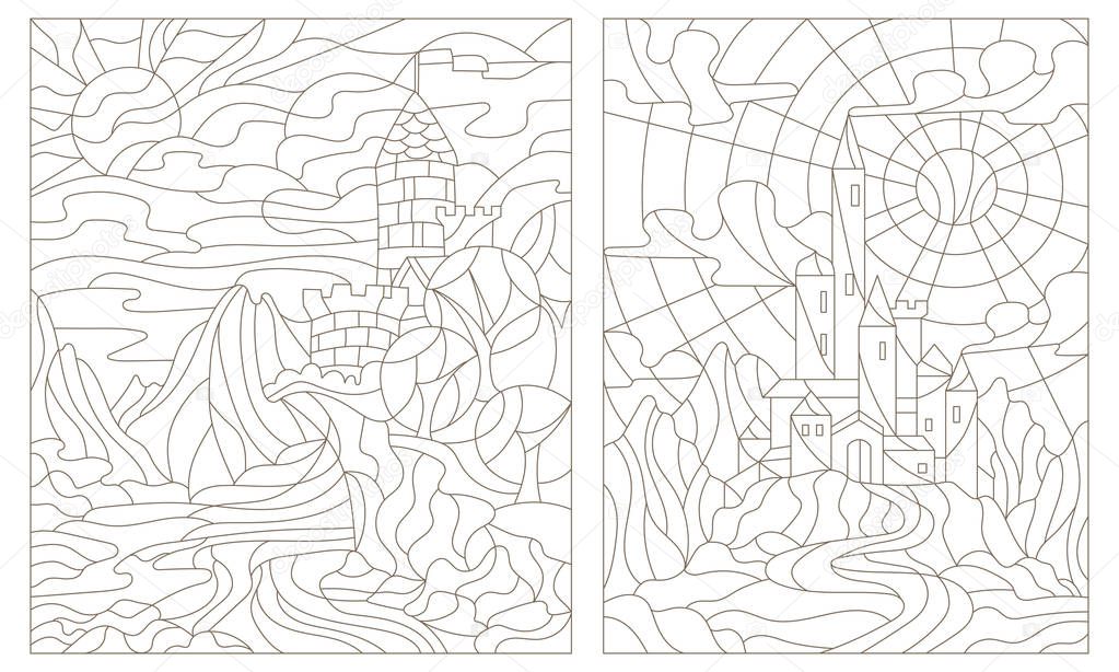 Set contour illustration of stained glass of landscapes with ancient castles