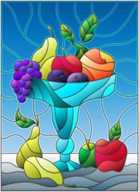 Vitray tarzı natürmort, meyve ve çilek mavi bir vazoda ile resimde