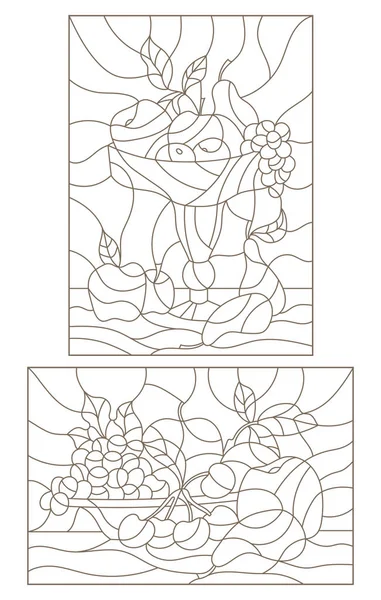 Conjunto de ilustraciones de contorno de vidrieras con frutas, naturalezas muertas — Vector de stock