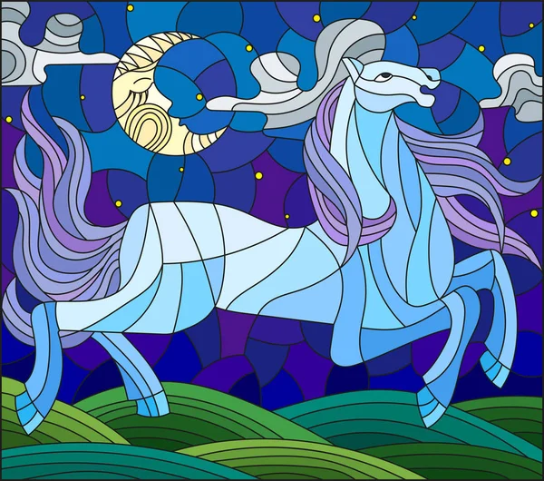 Иллюстрация в витражном стиле со сказочной голубой лошадью, скачущей по зеленому лугу на фоне облачного неба и солнца — стоковый вектор