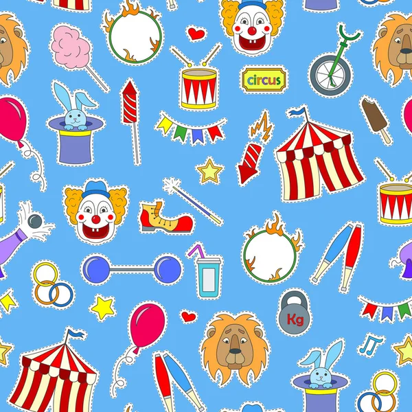 Modello senza soluzione di continuità sul tema del circo, semplici patch di icone colorate su uno sfondo blu — Vettoriale Stock