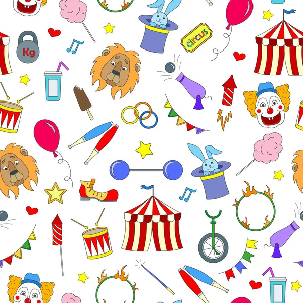 Patrón sin costuras sobre el tema del circo, iconos de color simples sobre fondo blanco — Vector de stock
