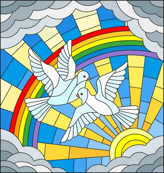 Illustration dans le style vitrail avec une paire de pigeons blancs n'est pas le fond du ciel ensoleillé, arc-en-ciel et nuages — Image vectorielle