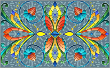 İllüstrasyon soyut swirls, vitray tarzında çiçekler ve gri bir arka plan üzerinde yatay yönlendirme bırakır