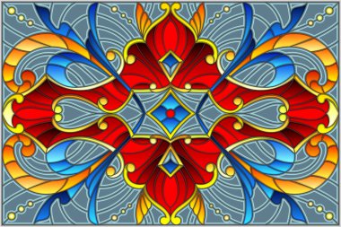 İllüstrasyon soyut swirls, vitray tarzında çiçekler ve gri bir arka plan üzerinde yatay yönlendirme bırakır