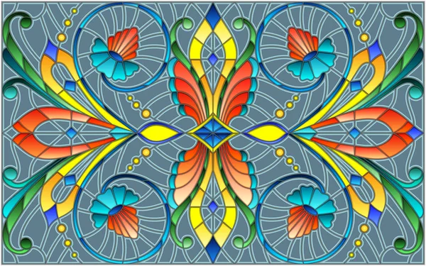 ภาพประกอบในสไตล์กระจกสีด้วยหมุนลึกลับ ดอกไม้และใบไม้บนพื้นหลังสีเทา ทิศทางแนวนอน — ภาพเวกเตอร์สต็อก