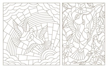 Güvercinler ile renkli cam Windows kontur çizimleri ayarla