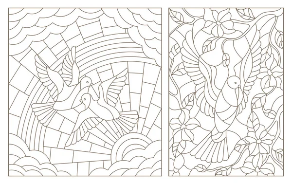 设置轮廓插图的彩绘玻璃窗与鸽子 — 图库矢量图片