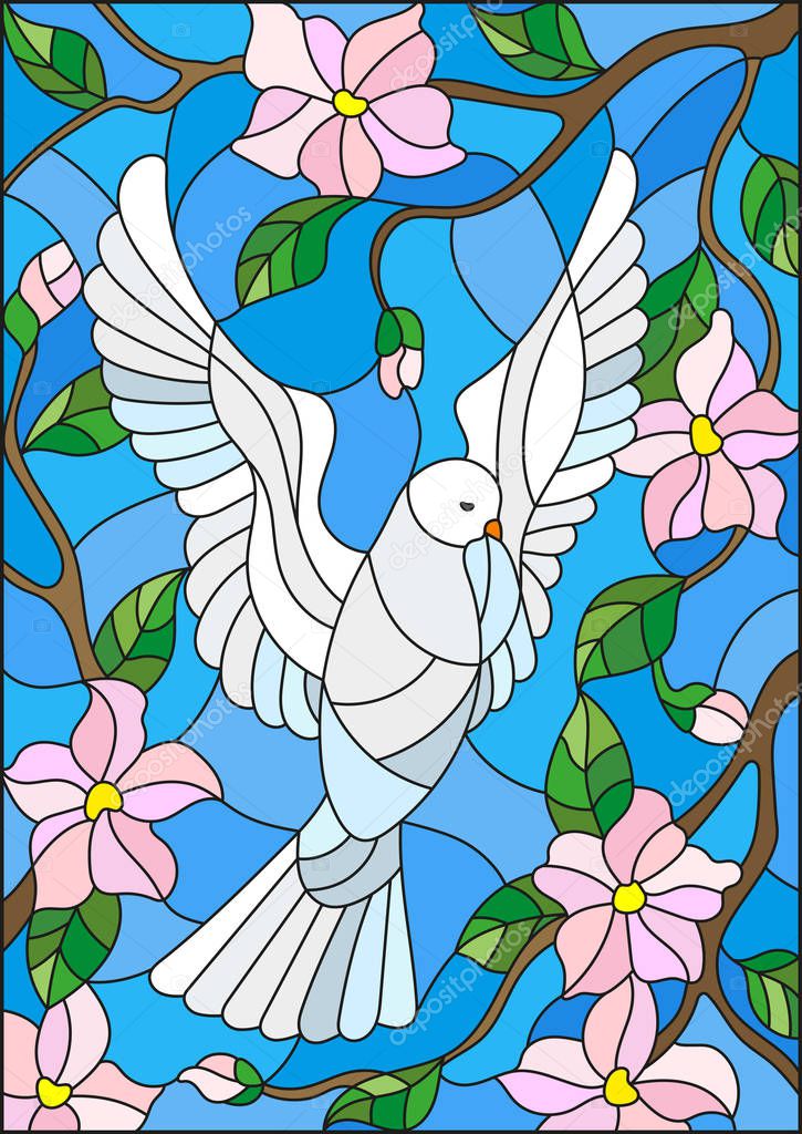 Illustration in stained glass style with a white dove on background of blue sky and flowering tree branches