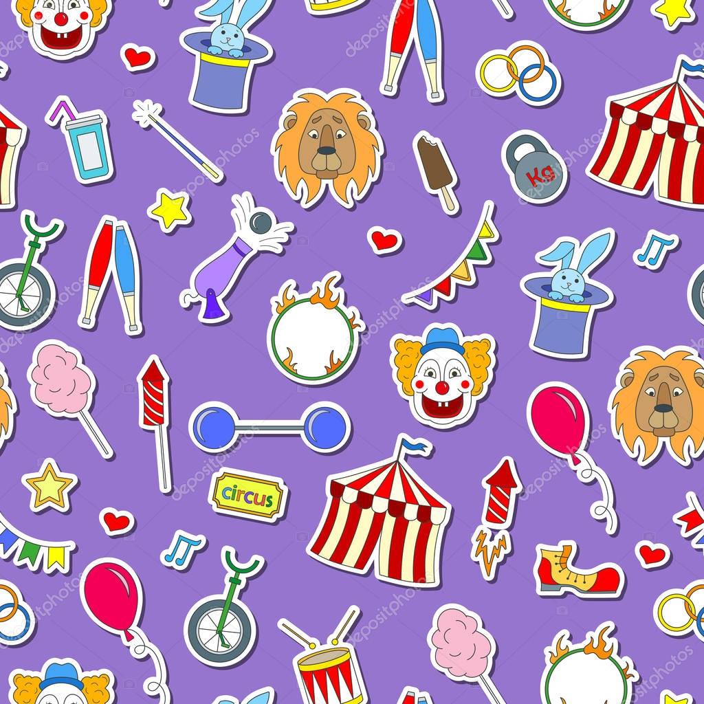 Seamless pattern on the theme of circus, simple colored icons stickers on a purple background