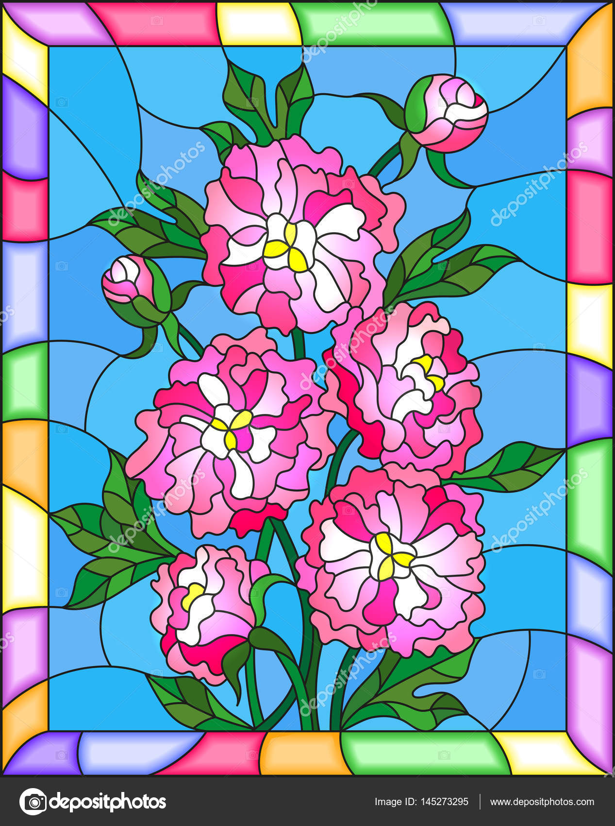 Illustrazione in stile vetro colorato con fiori boccioli e foglie di peonie rosa su sfondo blu nella cornice luminosa — Vettoriali di Zagory