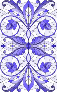 İllüstrasyon soyut swirls, vitray tarzında çiçekler ve hafif bir arka plan üzerinde dikey yönlendirme gama mavi yaprakları