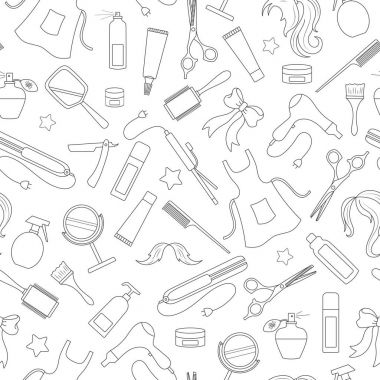 Kuaför Dükkanı, araçları ve aksesuarları Kuaför, basit bir kontur simgeler, beyaz arka planda siyah kontur konulu seamless modeli