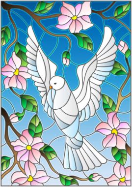 Mavi gökyüzü ve çiçekli ağaç dalları ile arka plan üzerinde beyaz bir güvercin vitray tarzında çizimi