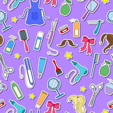 Kuaför Dükkanı, araçları ve aksesuarları, Kuaför, mor bir arka plan üzerinde renkli çıkartmalar simgeler konulu seamless modeli