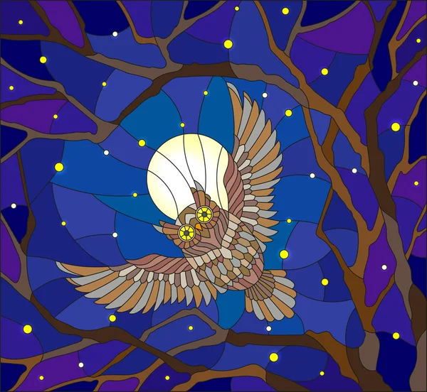 별이 빛나는 밤하늘 달 나무의 가지 사이 올빼미와 스테인드 글라스 스타일 그림에서 그림 — 스톡 벡터