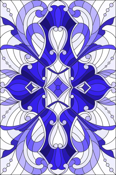 Illustration im Glasmalereistil mit abstrakten Wirbeln, Blumen und Blättern auf hellem Hintergrund, vertikale Orientierung gamma-blau — Stockvektor