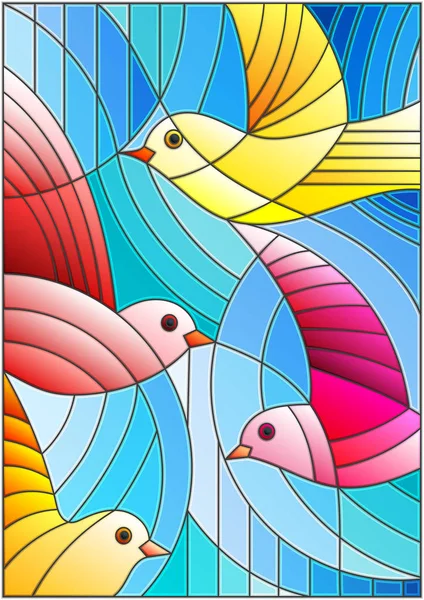 Illustrasjon i farget glasstype med klare, abstrakte fugler på blå bakgrunn – stockvektor
