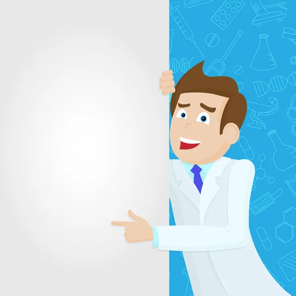 Férfi orvos laborköpeny mutat egy üres banner egy kék háttér ikonok a téma gyógyszer — Stock Vector